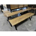 Modern hardwood finish picnic type dining suite on black metal crisscross supports incl. table and 2