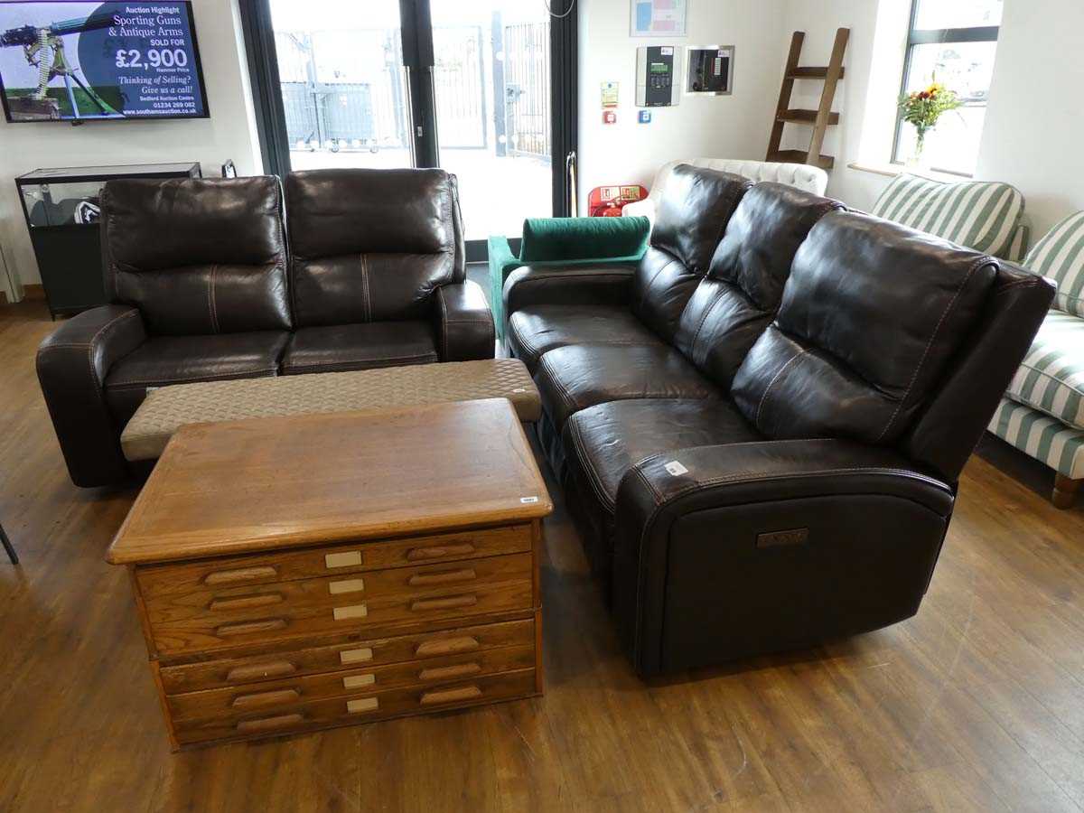 +VAT Modern brown leather upholstered reclining lounge suite comprising a 3 seater sofa and matching