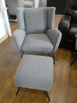 Modern grey flannel upholstered wing back easy chair and matching footstool