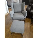 Modern grey flannel upholstered wing back easy chair and matching footstool