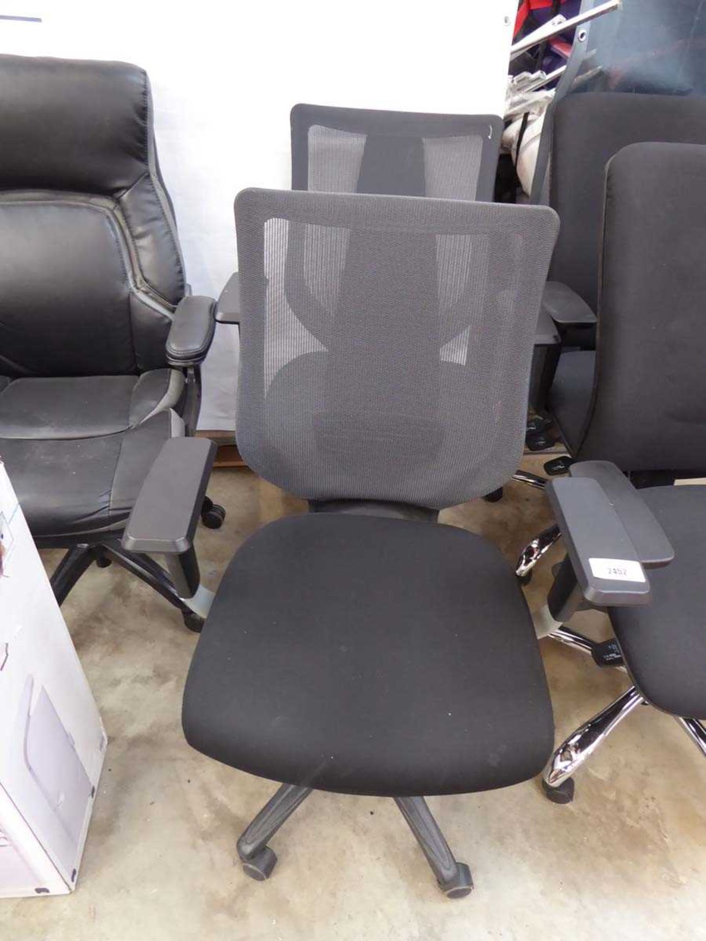 +VAT 2 black fabric seated grey mesh backed office armchairs