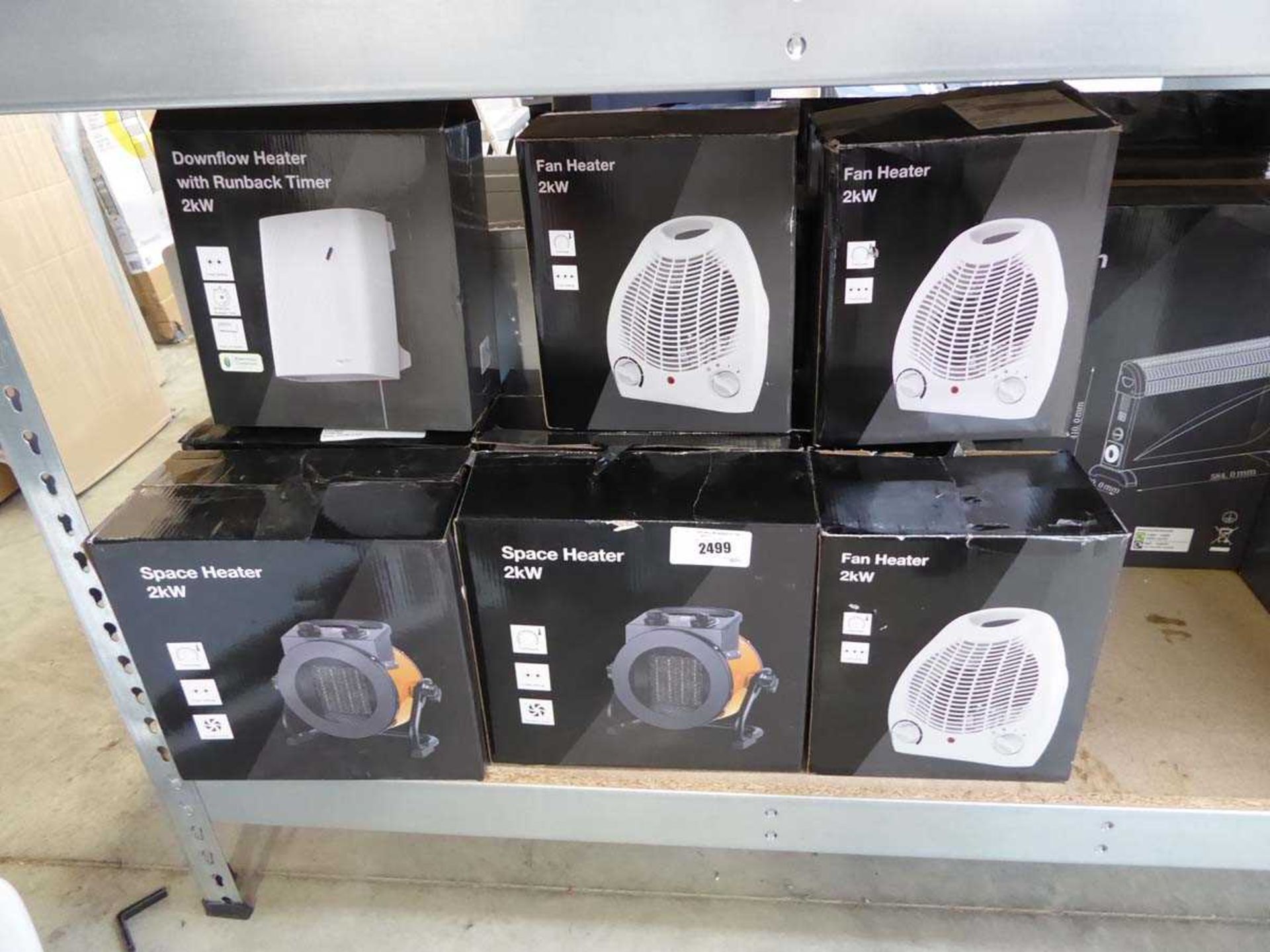 +VAT 9 various style heaters incl. 2KW space heaters, 2KW fan heaters, 2 KW down flow heater, etc.