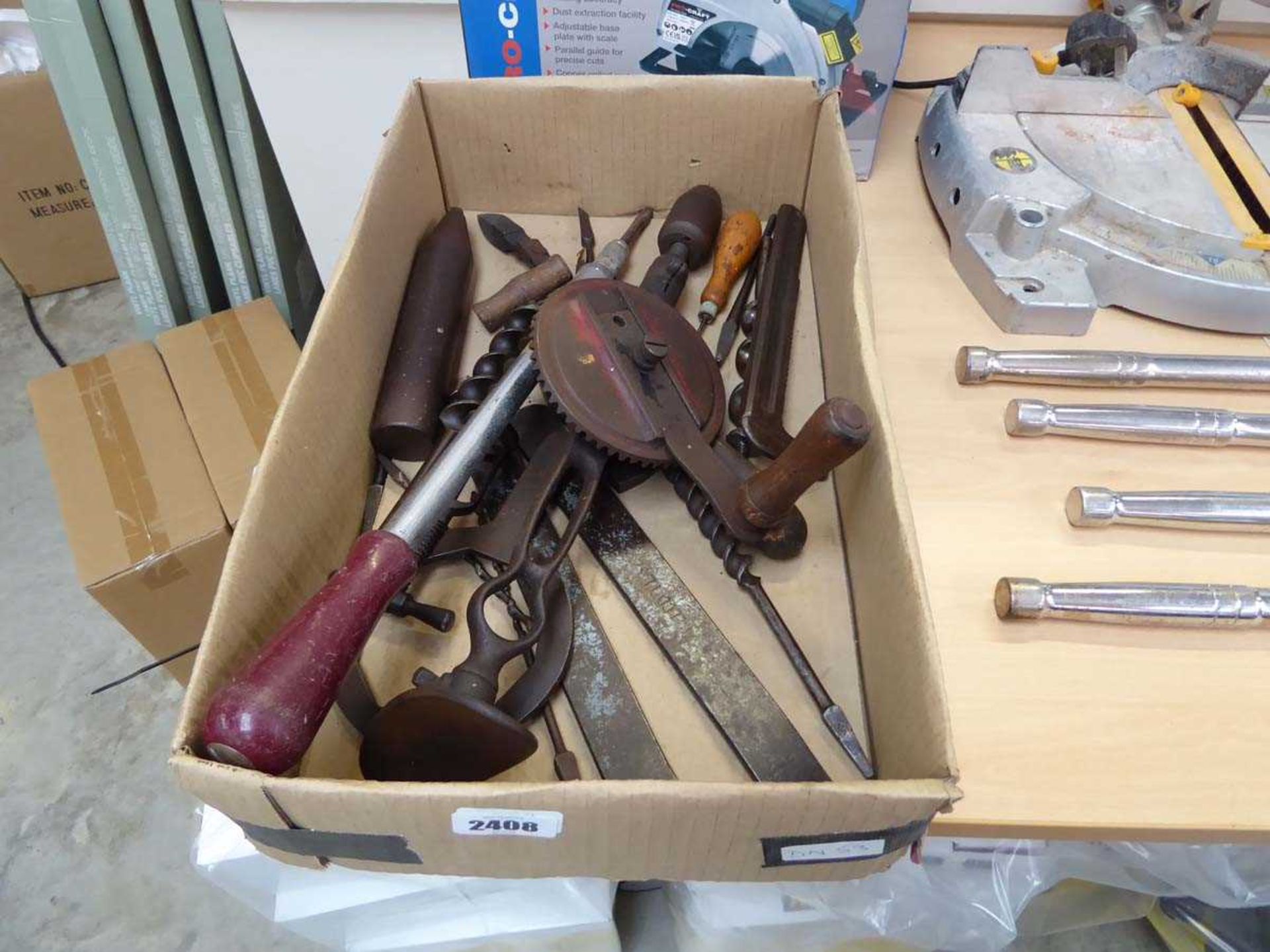 Shallow tray of vintage carpentry and wood work tooling to include hand saw, drill bits etc.