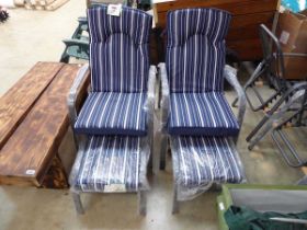 4 piece outdoor garden seating set comprising 2 armchairs (each with footstools and blue and white