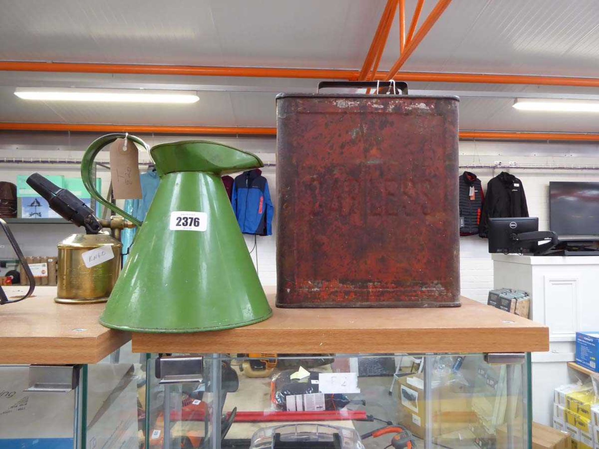 1 vintage Carless petrol can and a vintage oil jug / pourer