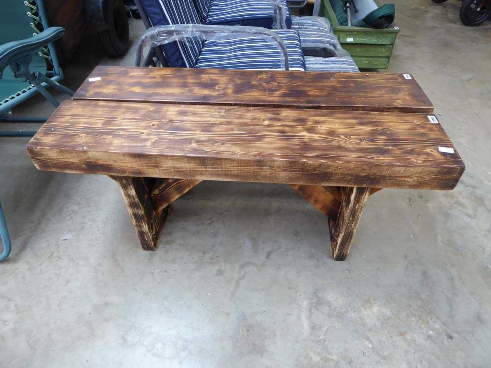 Burnt stained pine garden bench