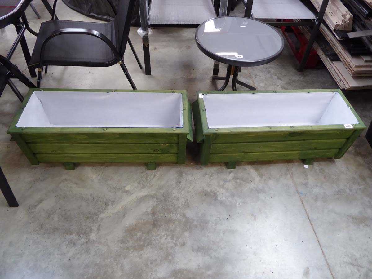 Pair of green stained wooden planters (870mm x 300mm x 310mm)