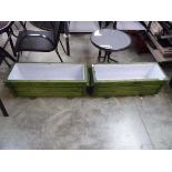 Pair of green stained wooden planters (870mm x 300mm x 310mm)