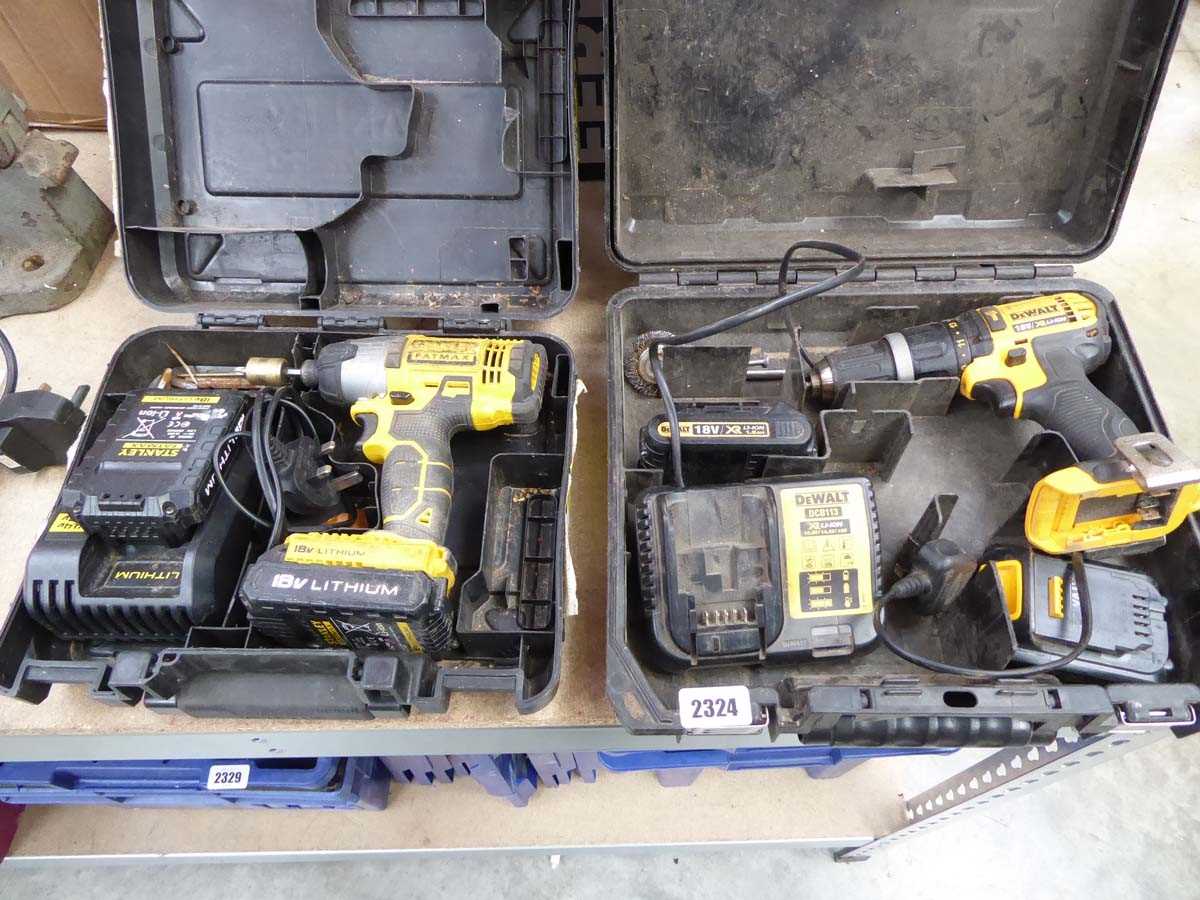 Cased DeWalt 18V cordless drill with 2 batteries and charger with Stanley Fatmax cordless drill with