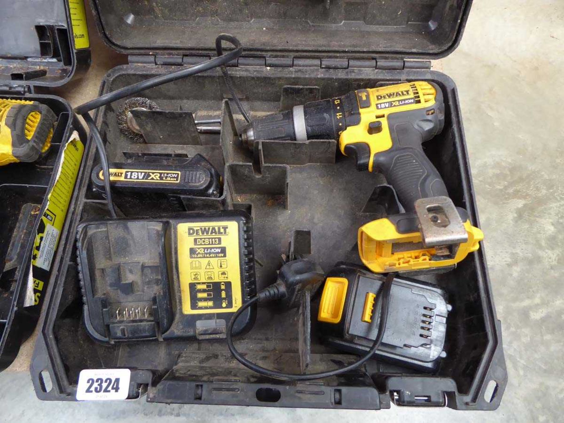 Cased DeWalt 18V cordless drill with 2 batteries and charger with Stanley Fatmax cordless drill with - Image 2 of 3