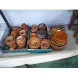 3 crates containing mixed size terracotta garden pots