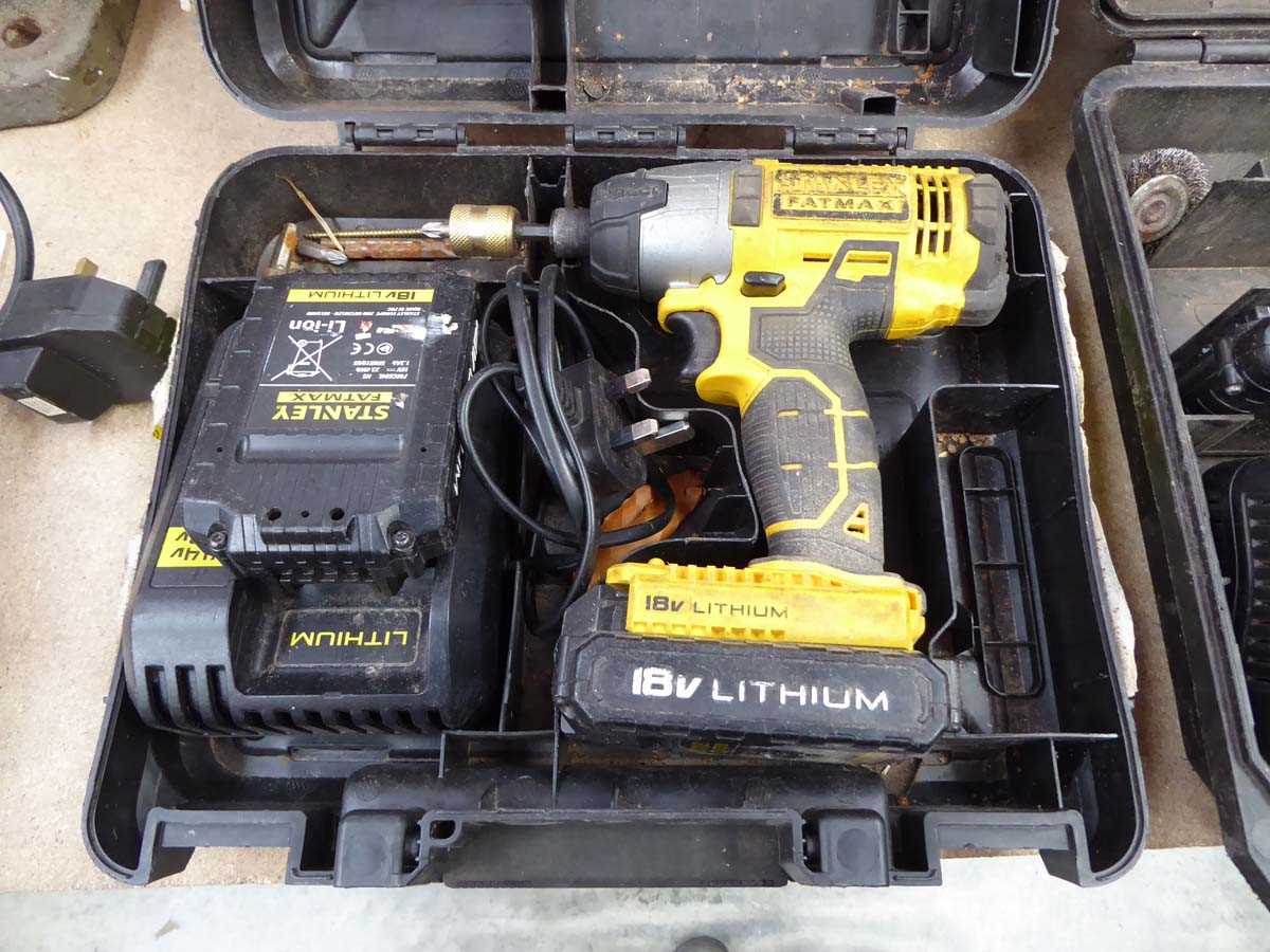 Cased DeWalt 18V cordless drill with 2 batteries and charger with Stanley Fatmax cordless drill with - Image 3 of 3