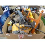Crate containing mixed tooling incl. electric planers, angle grinder, etc.