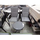 Grey aluminium 3 piece bistro set comprising 2 garden armchairs and circular glass top side table