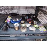 Cage containing a quantity of mixed fishing tackle, to include reels, line, plummets, Camo coating