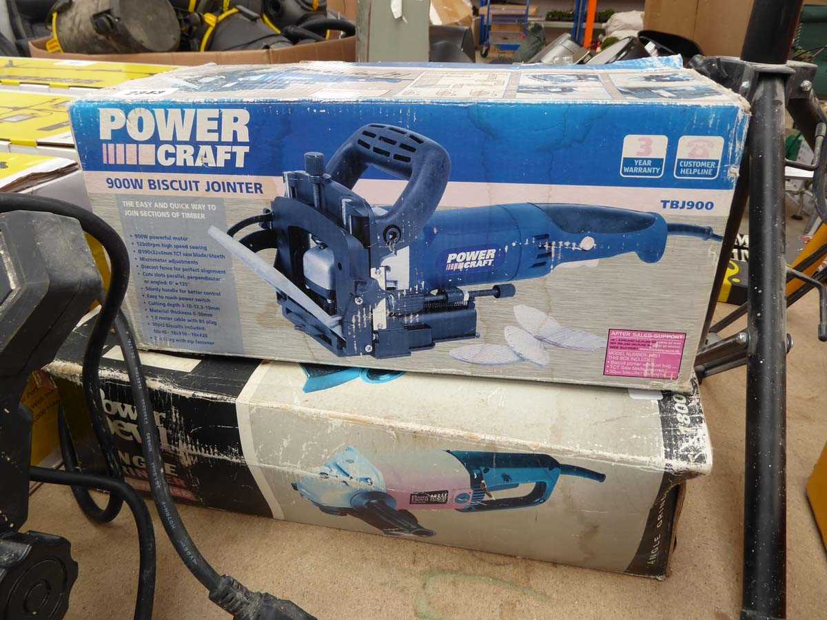 Boxed 240V power craft biscuit jointer together with a power devil 240V angle grinder