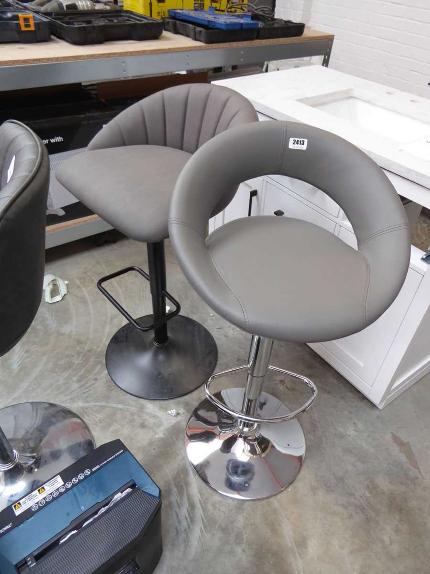 2 grey and chrome height adjustable bar stools