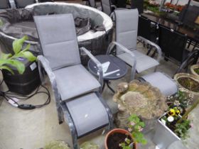 Grey aluminium 3 piece outdoor garden seating set comprising 2 garden armchairs (each with