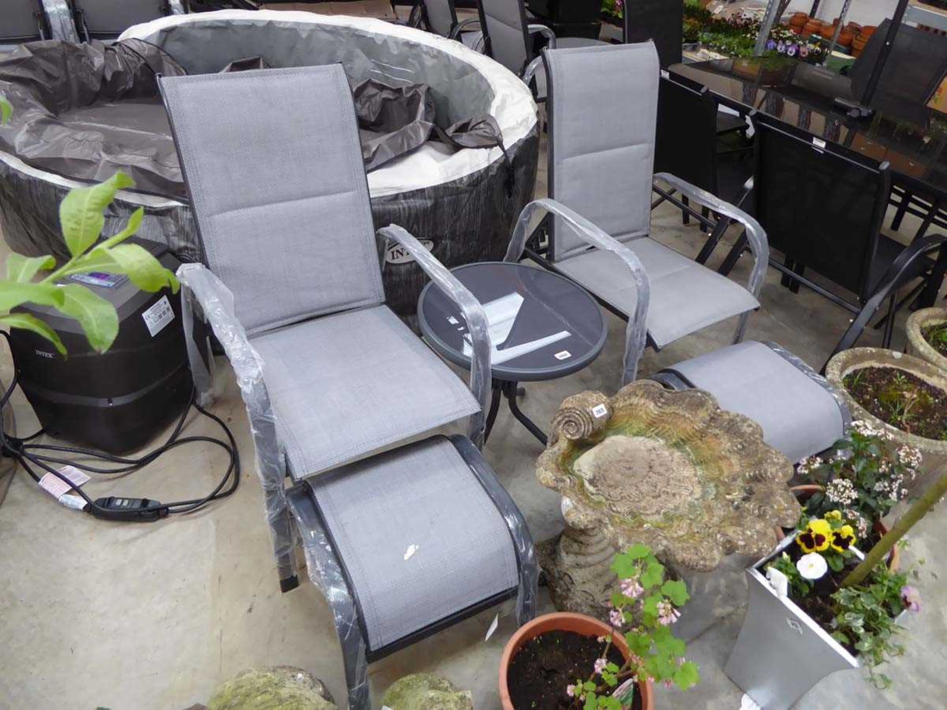 Grey aluminium 3 piece outdoor garden seating set comprising 2 garden armchairs (each with