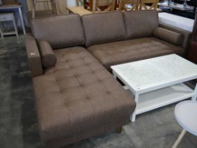 Brown leatherette button back upholstered L-shaped sofa