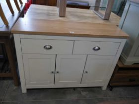 Modern cream 3 door sideboard with 2 drawers above and wood effect surface