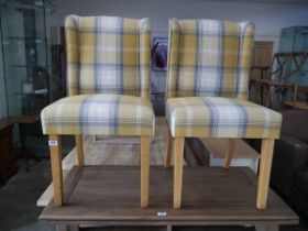 Pair of yellow and grey tartan upholstered dining chairs