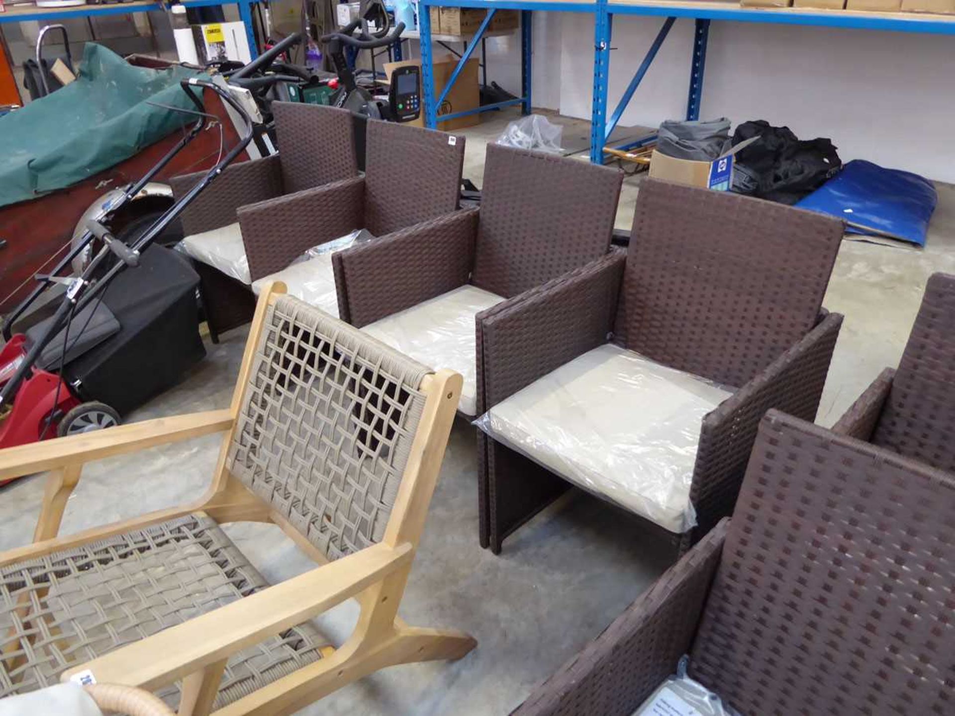 Set of 4 brown rattan outdoor garden chairs each, with matching cream cushions