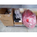 Box containing a quantity of mixed items to include fan, masking tape, soap dispensers, red