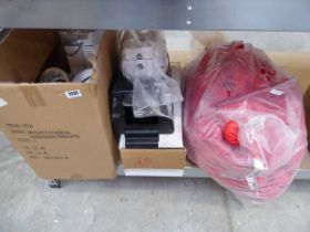 Box containing a quantity of mixed items to include fan, masking tape, soap dispensers, red