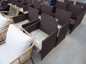 Set of 4 brown rattan outdoor garden chairs each, with matching cream cushions