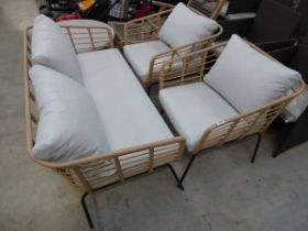 Outdoor 3 piece garden seating set, comprising sofa and 2 armchairs each with matching light grey