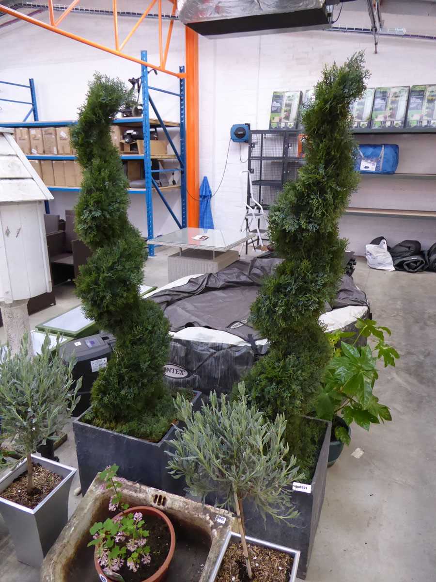 +VAT Pair of artificial spiral shaped conifers in grey slate pots (pot on right, broken)