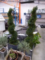 +VAT Pair of artificial spiral shaped conifers in grey slate pots (pot on right, broken)