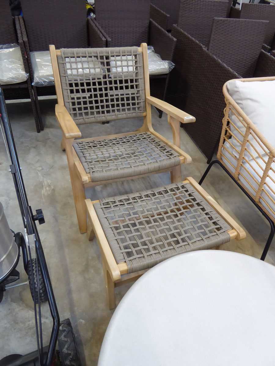 Wooden rope back garden armchair with matching footstool