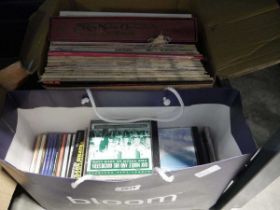 Bag containing CDs and box containing various vinyl LPs to include Frank Sinatra, Gilbert & Sullivan