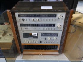 Ferguson hifi system 30 in wooden display case plus Garrard turntable with stack of vinyl LPs