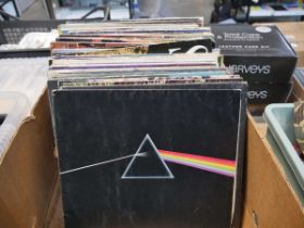 Box containing vinyl records incl. Led Zeppelin, Pink Floyd, The Trumpton Riots, Status Quo, etc.