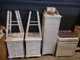 Collection of white furniture, including a pair of 3 drawer bedsides, slim bathroom cabinet, 2