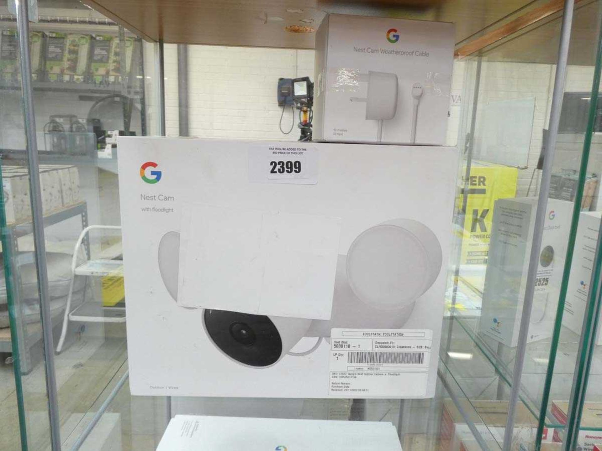 +VAT GoogleNest outdoor camera plus floodlight, together with a NestCam waterproof cable