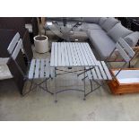 Small grey folding garden table and 2 matching metal framed chairs