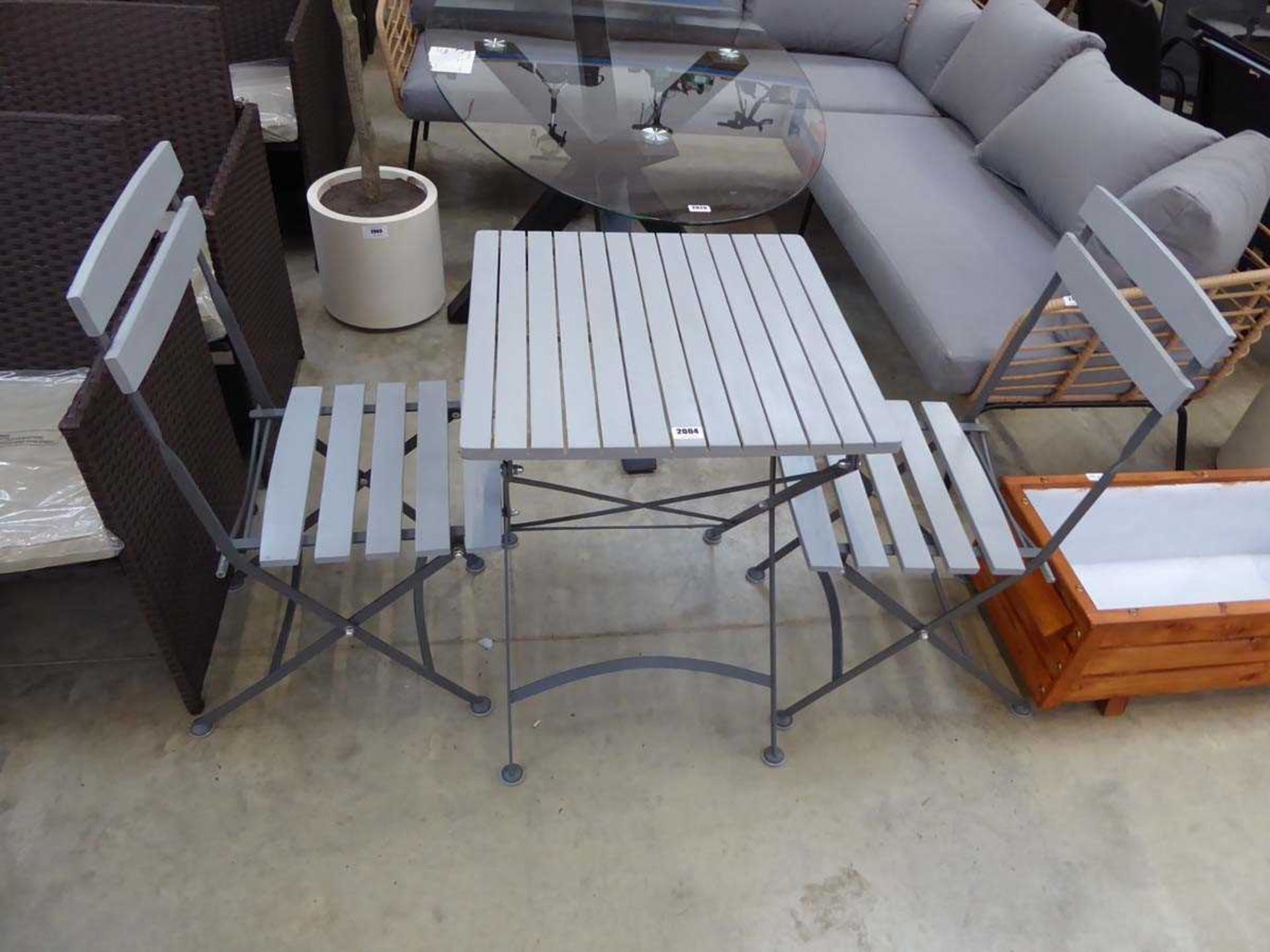 Small grey folding garden table and 2 matching metal framed chairs