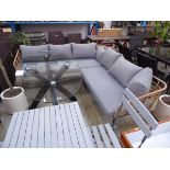 Bamboo finish corner outdoor sofa with grey cushions