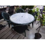 Green plastic circular garden table with mosaic effect surface and 4 matching chairs