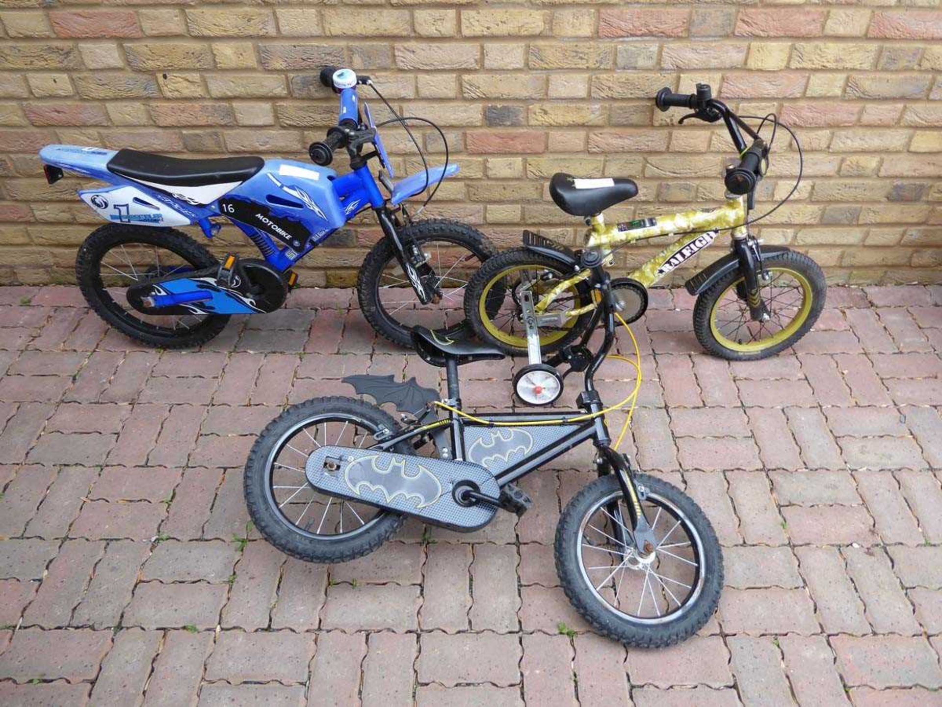 Selection of childrens bikes incl. motorbike style bike, Batman bike and army themed bike with