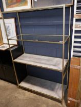 Floor standing brass finished 4 tier helving unit with marble effect and glass shelves