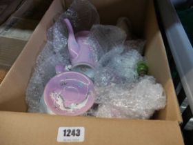 Box containing various hand painted tea service set together with box of various glassware