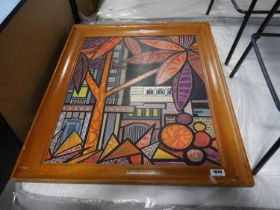 Abstract framed painting of a townscape, signed Catheau