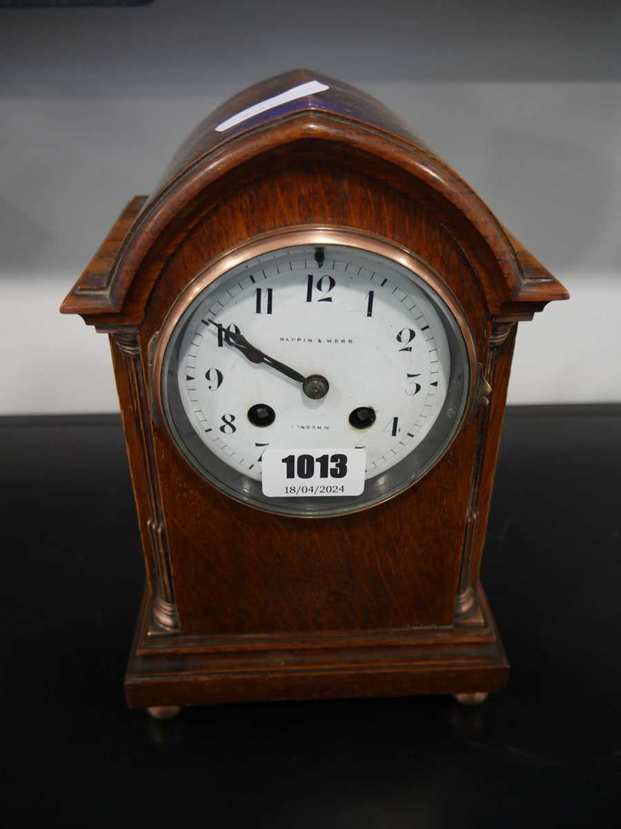 Early 20th Century dark oak cased mantle clock by Mappin & Webb with copper details