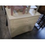 Off-white 3 drawer chest with floral ceramic handles, together with 2 matching bedsides