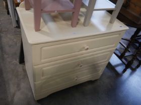 Off-white 3 drawer chest with floral ceramic handles, together with 2 matching bedsides